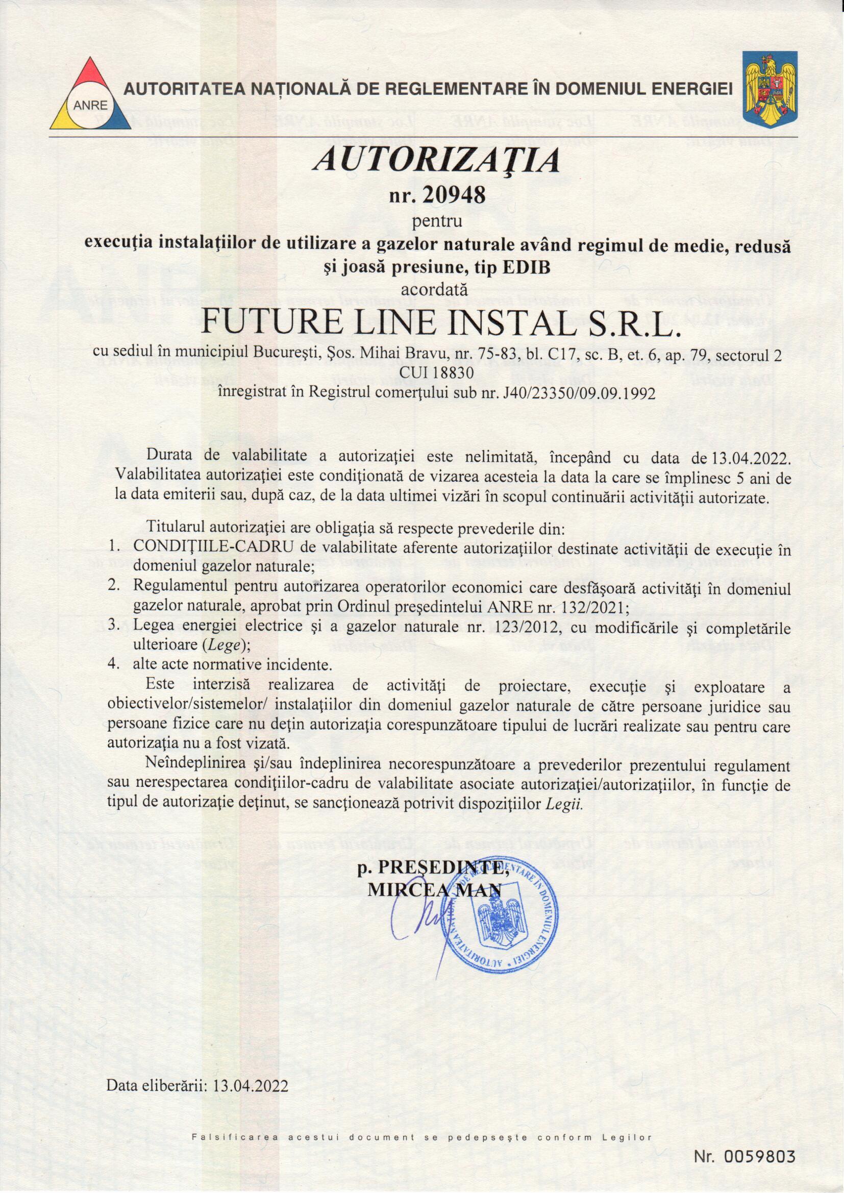 Autorizatie future line instal executie anre